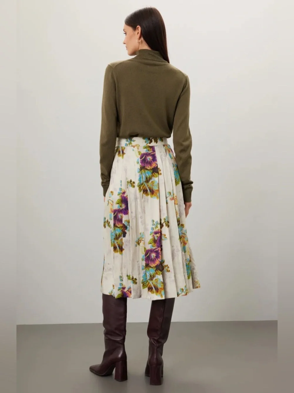 Tory Burch Floral Pleated Satin High Waisted Midi Skirt